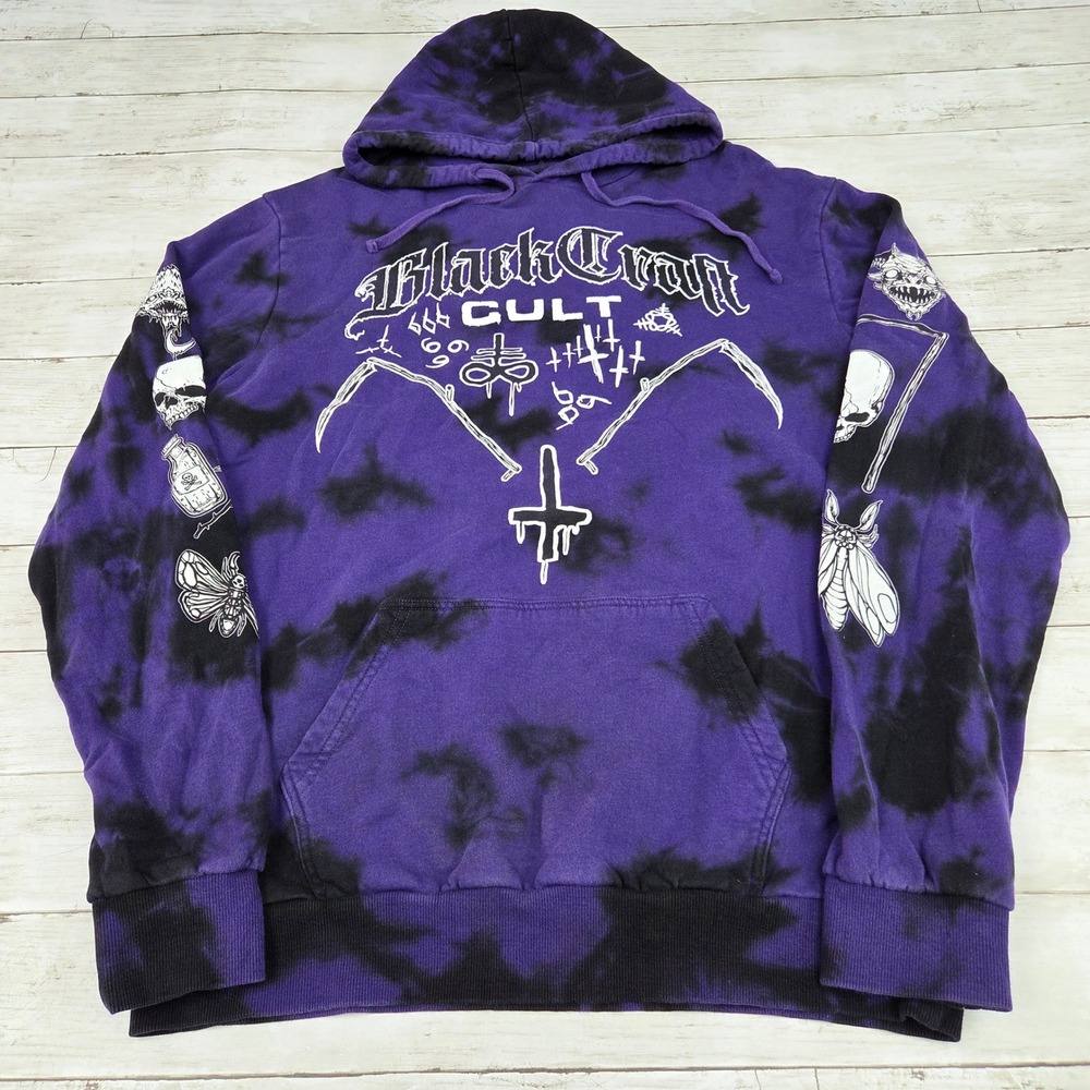 BlackCraft Cult Occult Graphic Tie Dye Hoodie Pullover Mens L Purple Black Goth